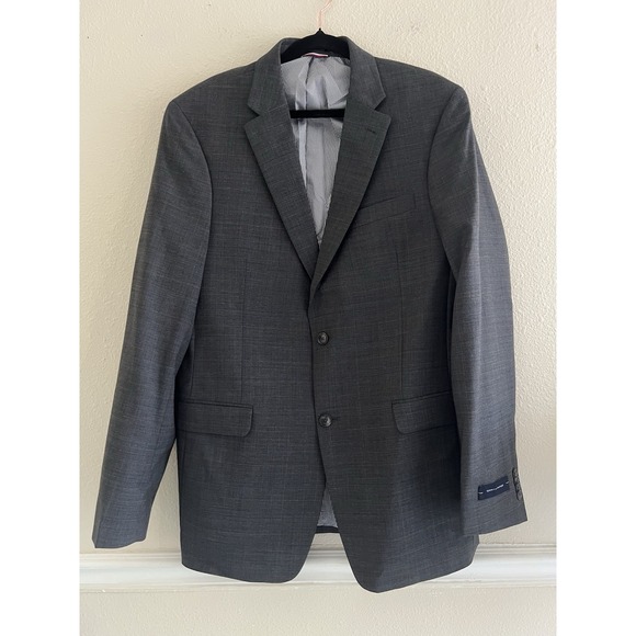 Tommy Hilfiger Suit Jacket Mens 40L Gray Plaid Modern Fit Wool Blend Party Event